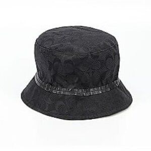 Vintage Coach Black CC Logo Jacquard Designer Bucket Hat W/Faux Leather Trim Y2K